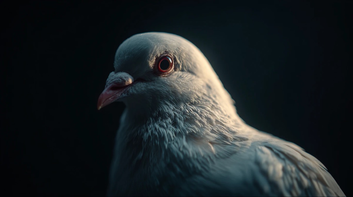A white carrier pigeon in profile, lit softly against a black background